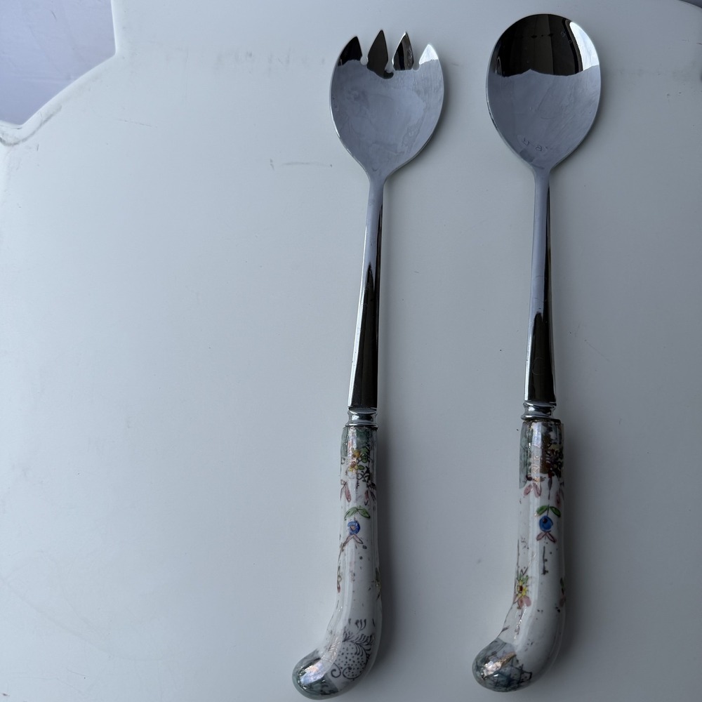 Vintage Sheffield England Floral Porcelain Handle Salad Servers 2-Piece Set